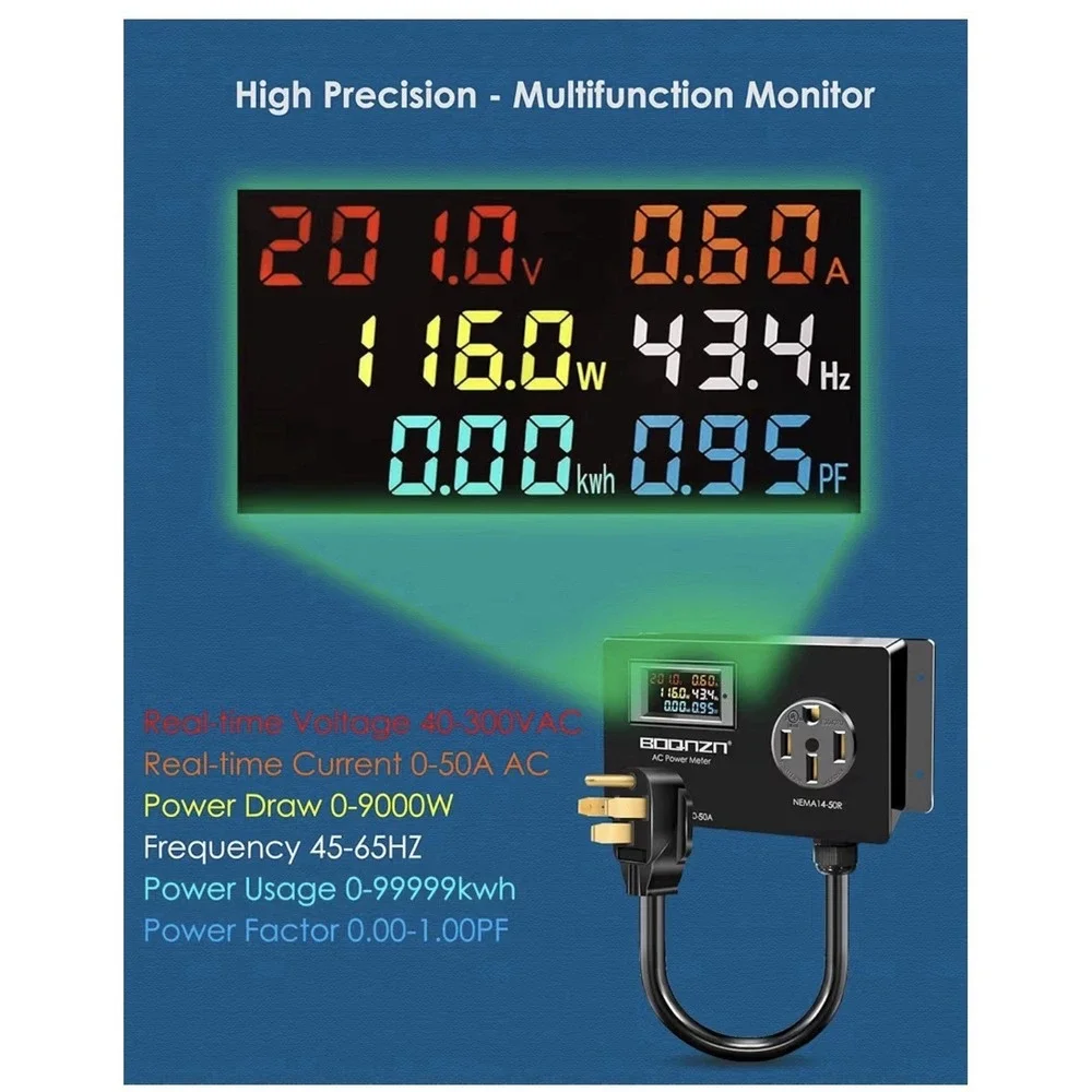 50A AC Power Meter 240V NEMA 14-50P To Nema 14-50R LCD Display Digital Multimete